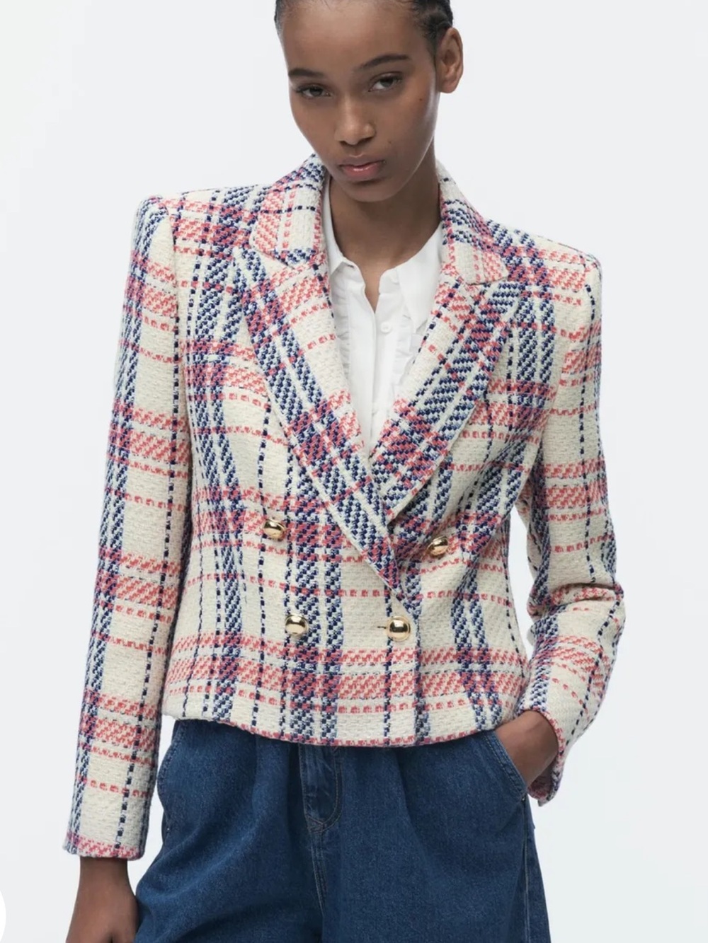 ZARA Textured Double Breasted Blazer Cream Pink Navy Size Medium